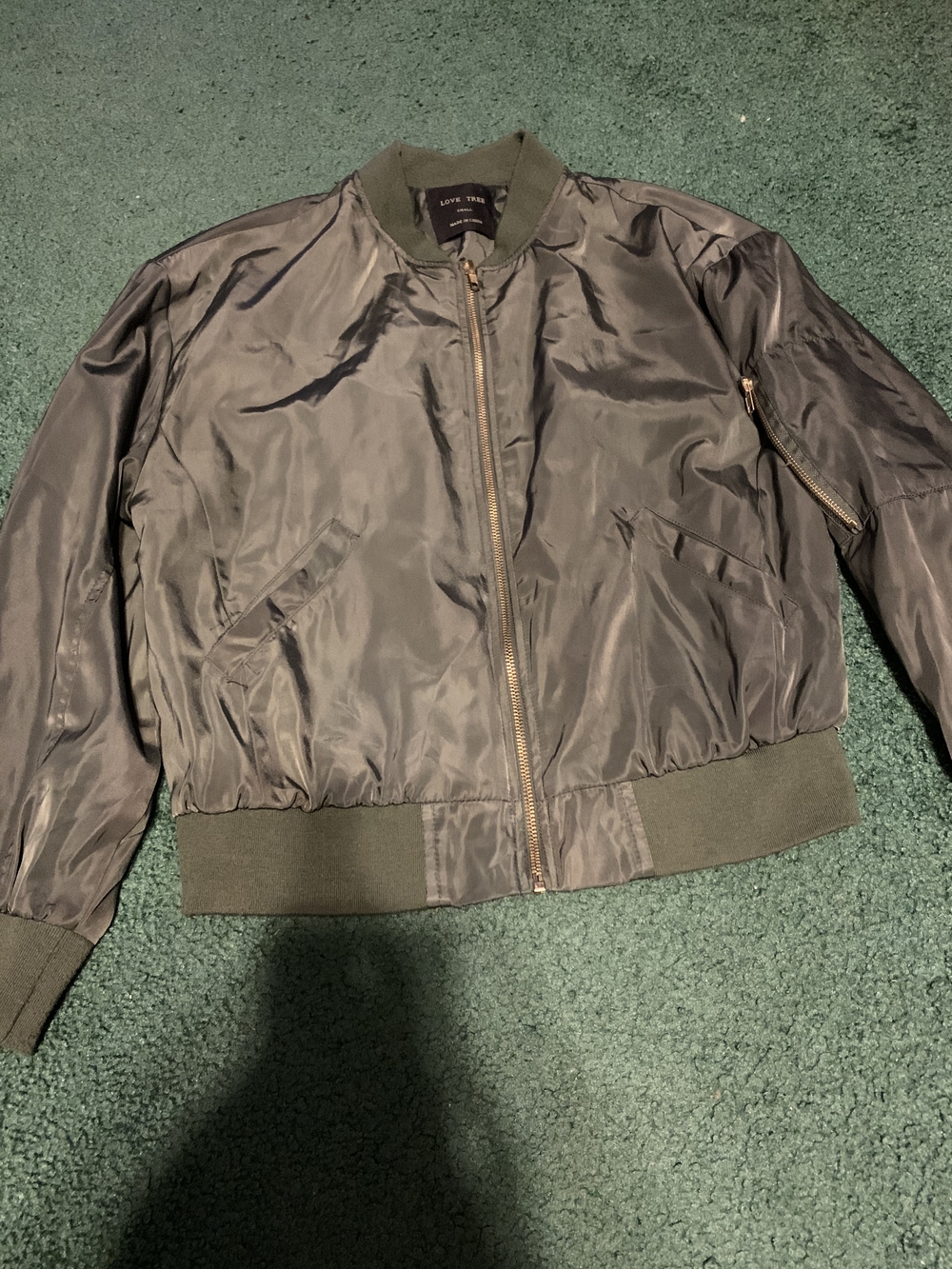 Lovetree Satin-like Olive Green Bomber Jacket "You Make My Heart Smile"